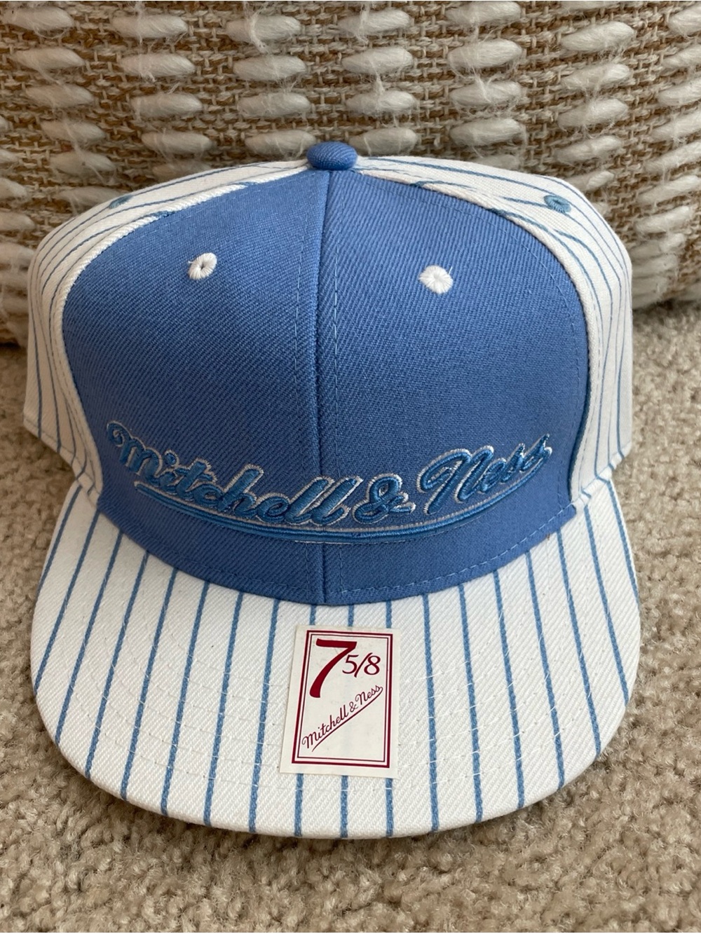 Mitchell & Ness Carolina Blue and White Striped Fitted Hat Size 7 5/8
